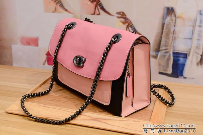 COACH蔻馳 26851 新款拼色 鏈條單肩斜挎女包 光面羊皮 內裏全反毛皮  Chz1022